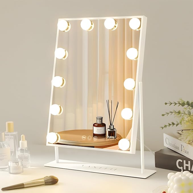 VANITII Lighted Vanity Hollywood Mirror with 12 Dimmable Bulbs Smart Touch Control 3 Colors Light for Tabletop, Detachable 10X Magnification
