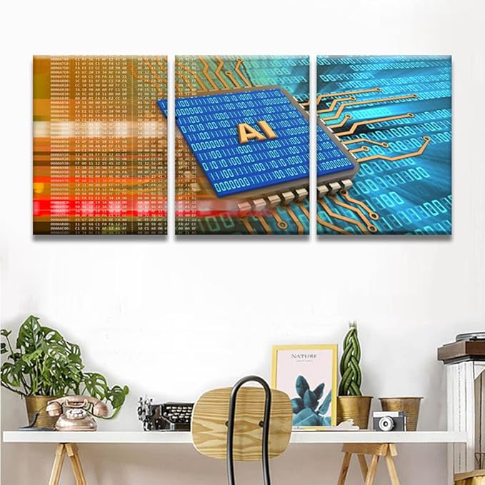 LSIUHWUWI 3 Panel Canvas Wall Art Electronic Board over Digital Background Pictures Print On Canvas for Home Decorations, Modern Wall Art Wooden Framed Ready to Hang, 12x16inchx3