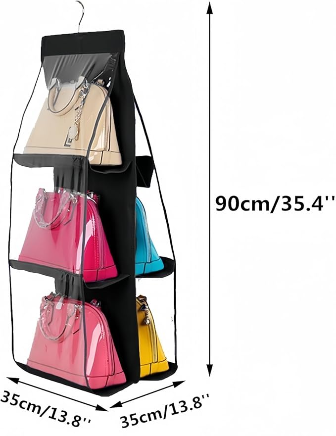 HAN SHENG 6 Pockets Clear Handbag & Purse Organizer Hanging Bag Storage - Space Saving Hanging Shelf for Closet, Wardrobe, Over Door (2 Pack, Black)