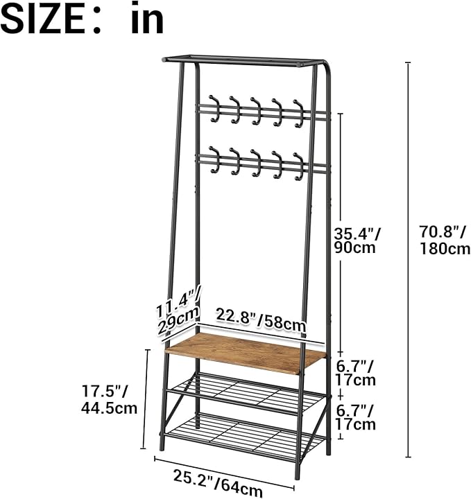 Coat Rack Hall Tree with Shoe Storage Bench, 4-in-1 Entryway Organizer, 10 Hooks & 3-Tier Shoe Rack, Freestanding Metal Frame for Hallway, Front Door