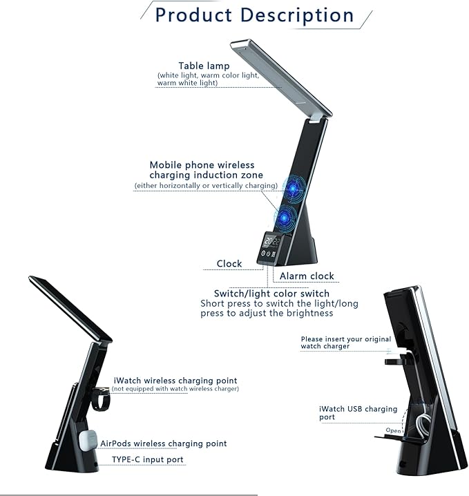 Multi-Functional Desk lamp with Wireless Charger, Featuring Clock, Alarm, Adjustable Lighting, and Supporting All wirelessly Chargeable Phones, Watches, and Earphones, N61 White.