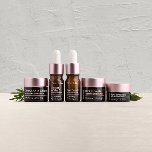 Fleur & Bee Skincare Set, Discovery Set, 5 Deluxe Minis Moisturizers, Serums, Eye Cream | Skin Care Gift Set Vegan & Cruelty-Free | Travel Friendly