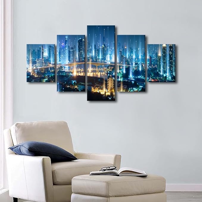 Canvas Wall Art for Living Room Big Data Worker Home Decoration 5 Panel Modern Cityscape Poster Smart City Picture Printing for Office Meeting Room Wall Decorate Stretched Ready to Hang 60x32 Inch