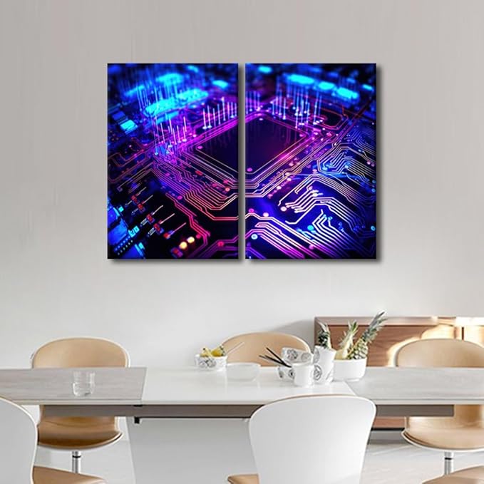 3 Pieces Circuit Board Canvas Wall Art Paintings Home Decor Semiconductor Chip Canvas Prints Picture for Living Room Modern Artwork Minimalism Posters Framed Stretched, 24" Wx16 H