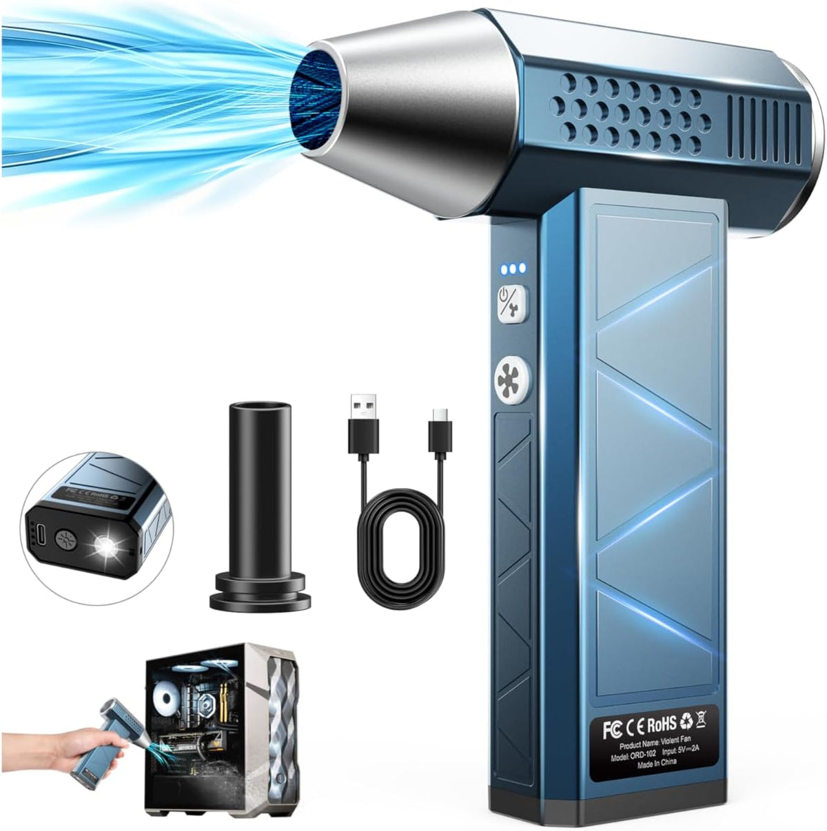 Compressed Air Duster, 380000RPM Powerful Electric Air Duster with LED Light, 4-Gear Rechargeable Mini Blower with Brushless Motor, Jet Dry Blower for Computer, Keyboard, Home, Car, Outdoor