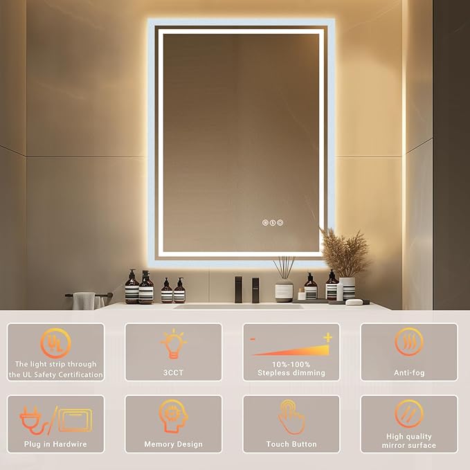 24"x 32" LED Bathroom Mirror with Stepless Dimmable, Backlight Wall Mirrors with Anti-Fog Bathroom Digital Mirror for Wall, 3 Color Modes, Memory Function Smart Mirror