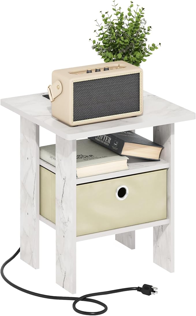 Furinno Andrey USB and Type-C Port Charging Station End Table with Storage Bin, 15.55 (W) x 12.56 (H) x 8.5 (D) inches, Marble White/Ivory