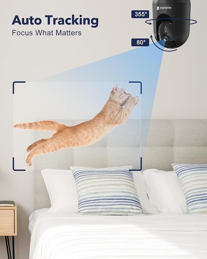 MUBVIEW Cameras for Home Security, Indoor Security Camera, 2.4/5GHz WiFi Wired Camera Ideal for Dog/Elder/Baby, Motion Tracking, Two-Way Audio, Pan Tilt, 7X24, 2K Night Vision PK320B-D