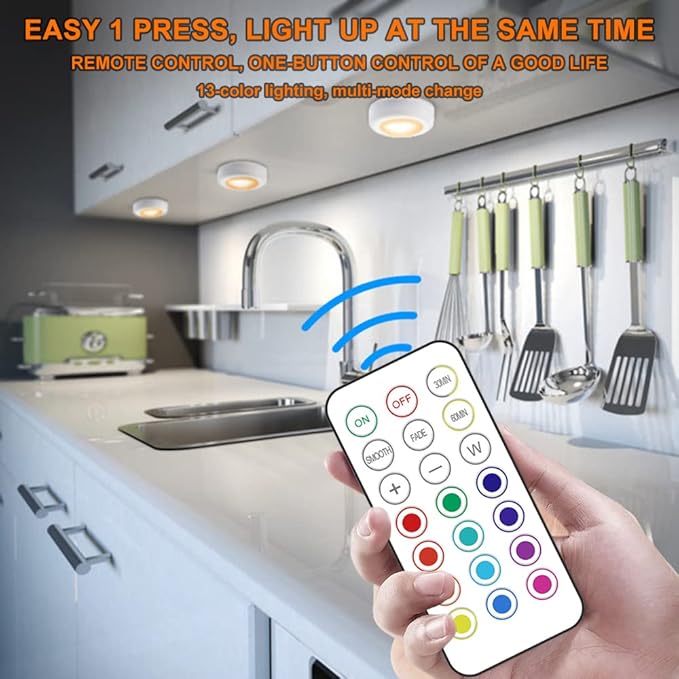LED Puck Lights with Wireless Remote, 13 Colors RGB Dimmable Under Cabinet Lights, Battery Powered Color Changing Lights, Party Atmosphere Light for Kitchen Closet Counter, 3 Pack