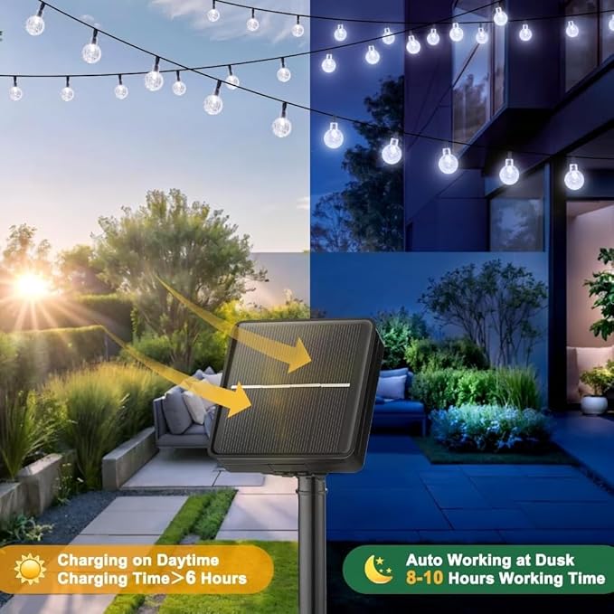 20 LED Crystal Globe Solar String Light Extra-Bright Outdoor Lights with 8 Lighting Modes Waterproof Solar Powered Patio Hanging Light for Garden Yard Porch Wedding Party Decor(White)