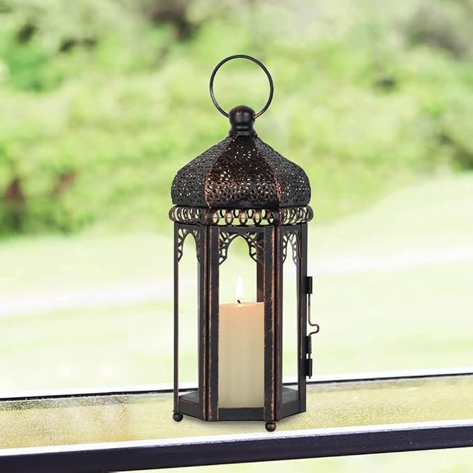 DECORKEY Vintage Medium Size Lantern Decorative Indoor & Outdoor, Moroccan Hanging Lantern with Clear Glass, Metal Tabletop Candle Lanterns for Front Porch Patio Decor, Christmas Decorations