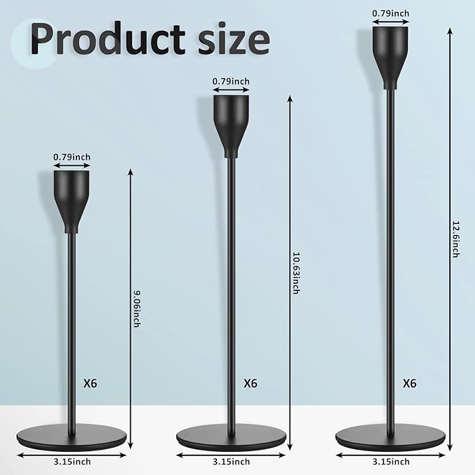Set of 18 Tall Candlestick Holders Thin Metal Taper Candle Holders for Table Centerpiece Modern Decorative Pillar Candle Sticks Stand for Home Wedding Christmas Decoration(Black)