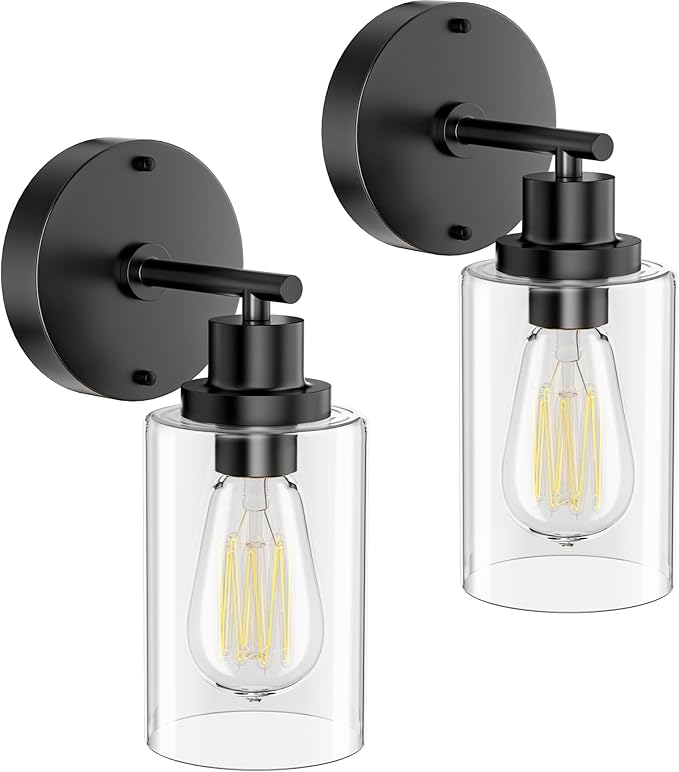 GORDNWE Set of 2 Bathroom Wall Sconce, Matte Black Vanity Light, Modern Wall Light Fixture with Clear Glass Shade and E26 Bulb Base, Wall Lamp Wall Mount Light Fixtures for Mirror, Bedroom