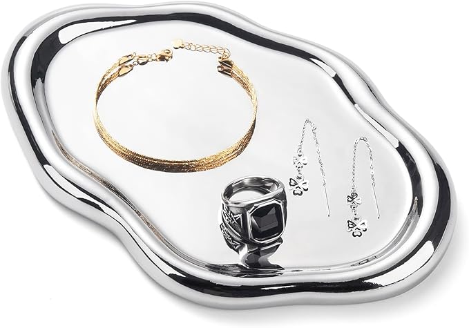 Jewelry Dish Tray, Ring Dish, Ceramic Trinket Small Key Mother's Day, Christmas, Thanksgiving, Birthday Gift for Mother Daughter Friends Silver