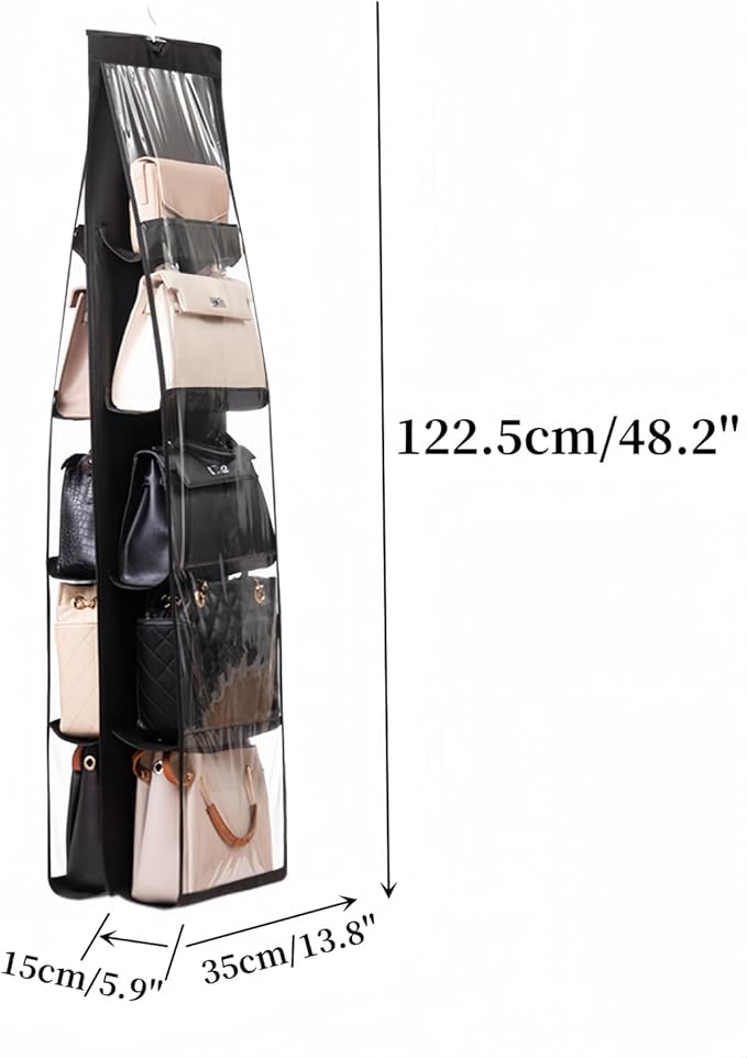 HAN SHENG 10 Pockets Clear Handbag & Purse Organizer Hanging Bag Storage - Space Saving Hanging Shelf for Closet, Wardrobe, Over Door (1 Pack, Black)