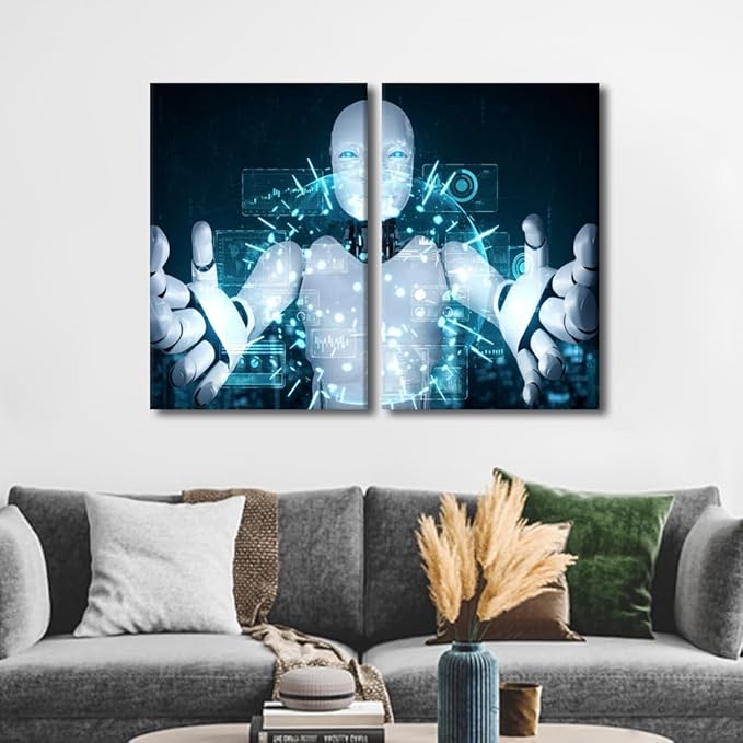 Robot Paintings for Living Room AI Intelligence Wall Art 3 Pieces Date Canvas Contemporary Artwork Home Decorations Giclee Framed Gallery-Wrapped Stretched Ready to Hang, 24" Wx16 H