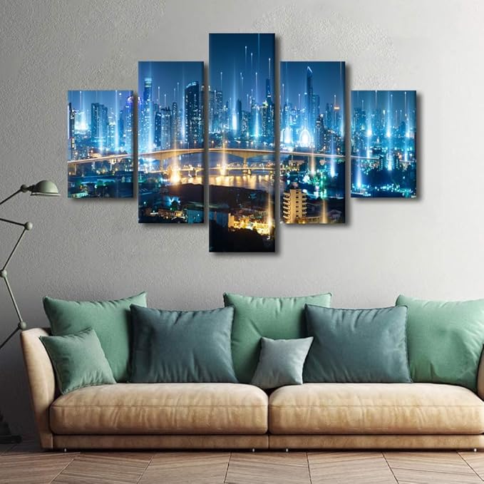 Men Bedroom Wall Decoration Modern City Landscape Poster Communication Network Picture Printing 5 Panel Smart City and Digital Poster Internet Workers Office Decoration Frame Ready to Hang 60x40 Inch