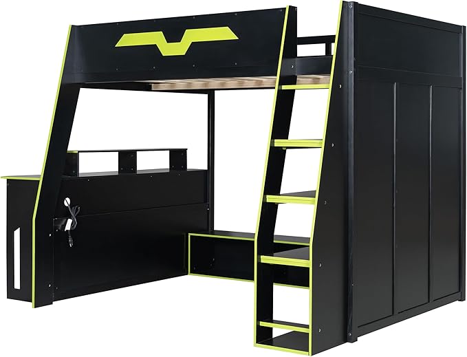 LUMISOL Full Size Wood Loft Bed with Desk and Multi-Storage Shelves, Gaming Loft Bed with RGB LED Lights and Adjustable Desk Placement, Space-Saving Game Bedframe with Under-Bed Storage, Green