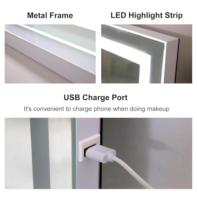 Makeup Vanity Mirror with Lights, 31.5"x 23.6" Large LED Lighted Mirror with 10X Magnification and USB Charging Port, Smart Touch 3 Colors Dimmable, Touch Control for Bedroom, White