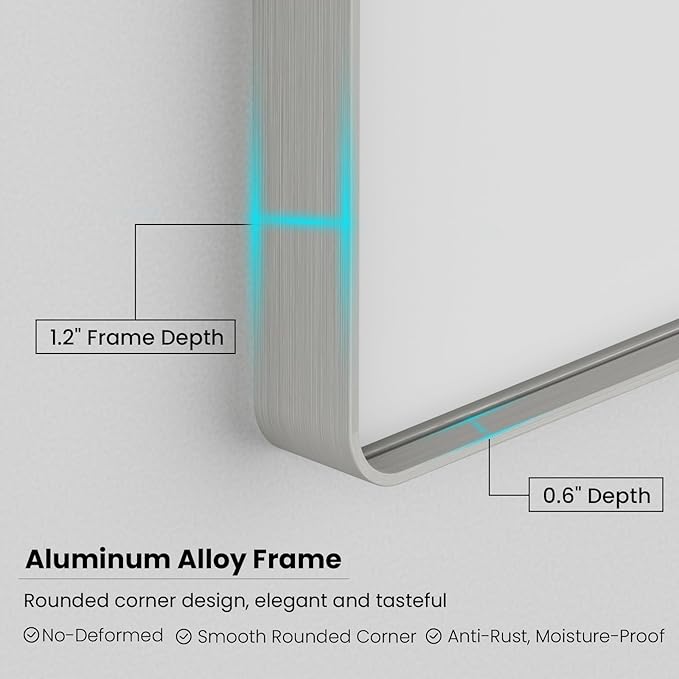 Brushed Nickel Bathroom Mirror 40x32 Inch, Brushed Silver Metal Frame Mirror Wall Mounted, Rounded Rectangle Bathroom Vanity Mirror, Tempered Glass, Anti-Rust, Horizontal/Vertical