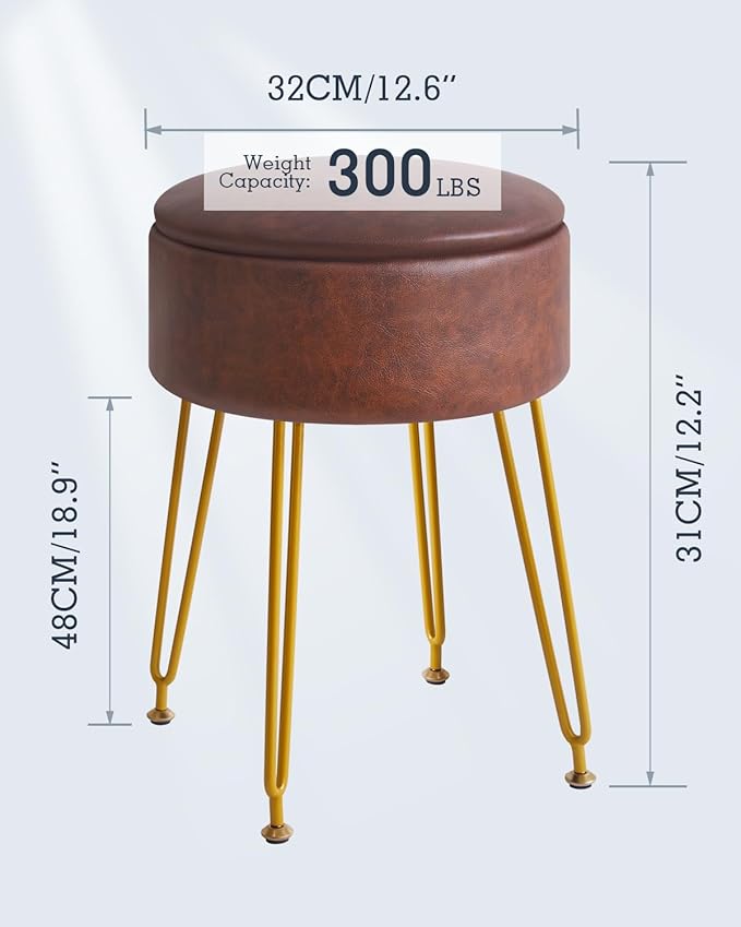 IBUYKE Faux Leather Round Footrest Stool with Storage Ottoman, Makeup Vanity Chair Side Table, PU Dressing Table Seat, Removable Cover, Golden Steel Legs, Dark Brown WBD024Z