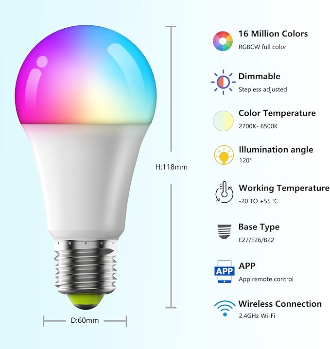 Smart Light Bulbs,Full Color Changing Dimmable LED Bulb,Compatible with Alexa and Google Assistant,UL FCC Certified,2.4GHz WiFi+Bluetooth LED Light Bulbs, Music Sync Smart Home Lighting (12)