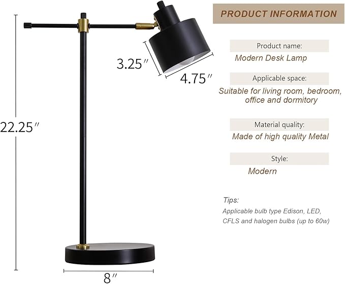 OYEARS Modern Industrial Desk Lamp for Reading LED 22.2“ Metal Table Lamp Light for Office Bedroom Study Room Living Room Nightstand Bedside Lamps Gold and Matte Black Accent (Black, Bulb Included)