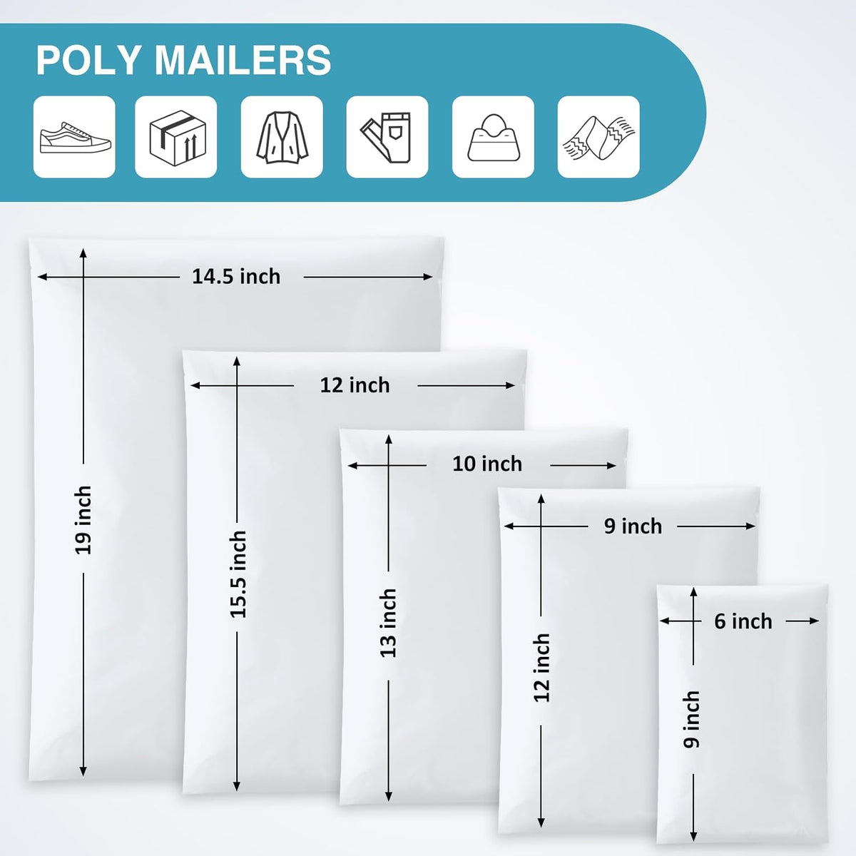UCGOU 60 Pack White Poly Mailers Variety Size Pack, 6x9 Inch & 9x12 Inch & 10x13 Inch & 12x15.5 Inch & 14.5x19 Inch, 12 PCS Each Bag, Self-sealing Adhesive Mailers Assorted Sizes for Small Business