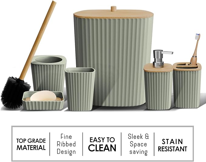 Clara Clark Bathroom Set - Sage Green Bathroom Accessories Set, 6PC Bathroom Accessory Set, Bathroom Sets with Adhesive Corner Shower Caddy Hanging, Toilet Brush, Trash Can & Soap Dispenser