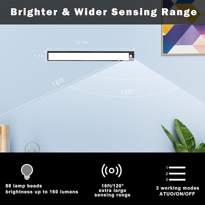 88 LED Motion Sensor Under Cabinet Lights, 3 Color Temps Indoor Dimmable Closet Light, Rechargeable Wireless Magnetic Strip Lights Night Light for Stairway, Drawers, Wardrobe(2 Pack, 12.7 inch)
