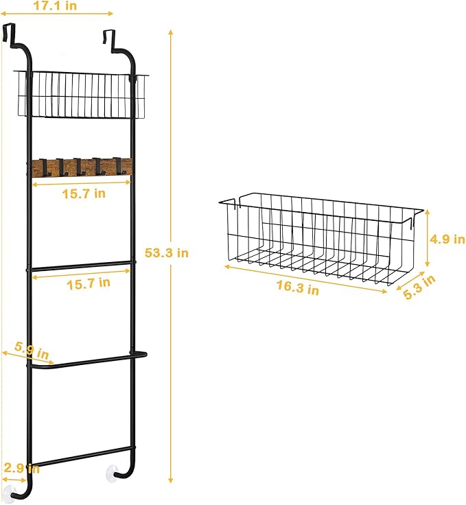 Over The Door Towel Rack Behind Door Towel Holder for Bathroom 5 Tier Over The Door Towel Bar with Basket Towel Rack Door Hanger with Hooks for Clothes Toiletries (Brown and Black)
