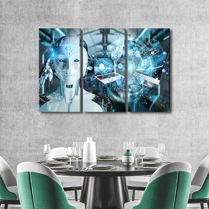 TUMOVO AI Intelligence Wall Decor for Living Room Data Analysis Picture Canvas Prints 3 Pieces Wall Art Robot Artwork for Home Office Room Wall Decorations Canvas Art Prints Ready to Hang, 42" Wx28 H