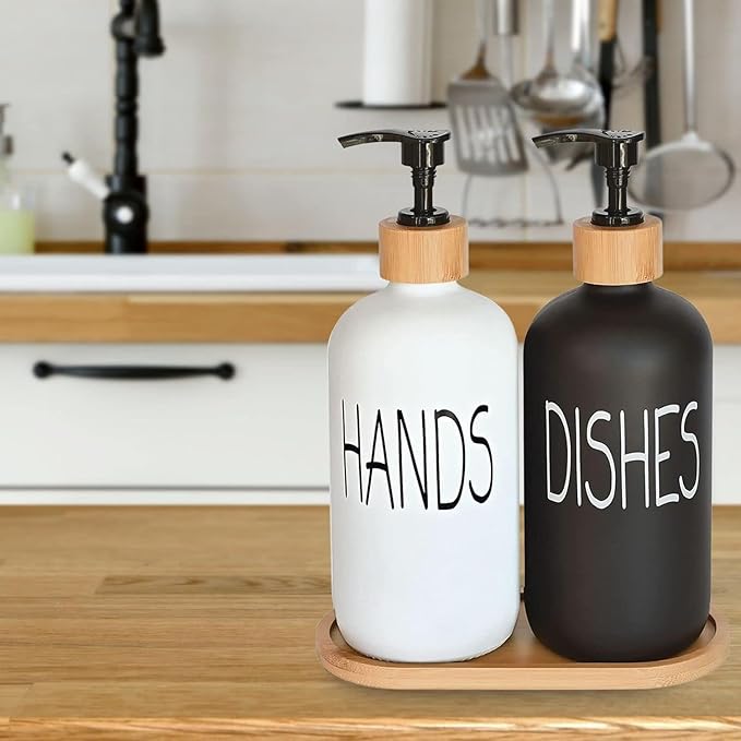 Glass Soap Dispenser Set, Hand Soap and Dish Soap Dispenser with Bamboo Tray. Vintage Soap Dispenser with Pump for Kitchen Drain Outlet and Bathroom. Stylish Permanent Labels (Matte Black&White)