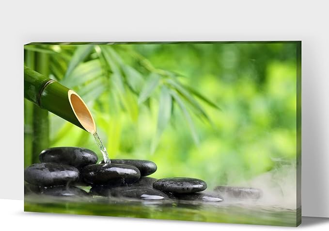 Zen Wall Art Decor, Modern Bathroom Zen Decor Wall Art, Canvas Wall Art for Spa Zen Room Decor, Green Bamboo Forest and Black Pebble Relaxing Art Prints for Office & Spa Wall Decor 12x18 Inches