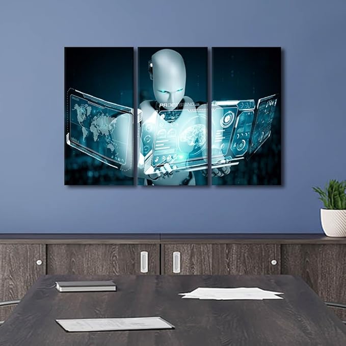 TUMOVO 3 Pieces Canvas Wall Art - Big Data Analysis Pictures for Living Room AI Intelligence Artwork Giclee for Home Decor Robot Painting Gallery-wrapped Framed Ready to Hang, 42" Wx28 H
