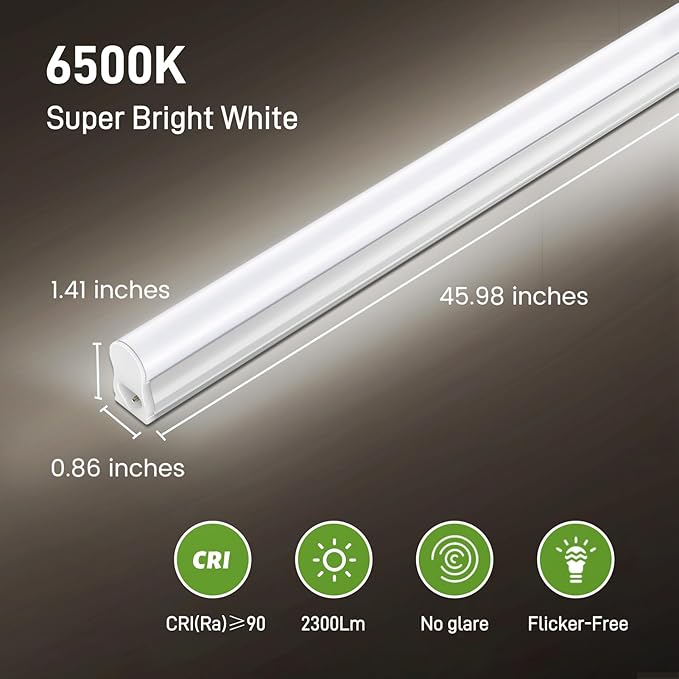 Pak 4FT LED Shop Lights, 2300LM 6500K Cool White, 20W Energy-Saving Super Bright Linkable T5 Ceiling and Under Cabinet Lighting Fixture for Garage, Workshop, Basement, Warehouse, FCC Certified, 6 Pack