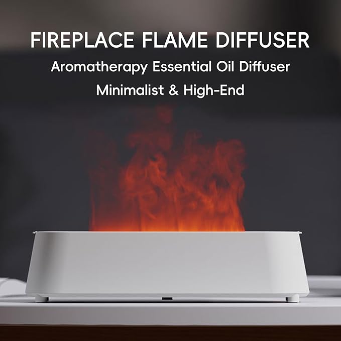 Essential Oil Diffuser, Fireplace Flame Fire Oil Diffuser, 250ml Cool Mist Aromatherapy Humidifier, Scent Diffuser with 7 Colors Light, Remote Control, Timer & Auto-Off for Home, Room (White)
