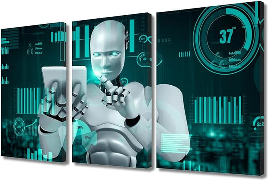 TUMOVO Robot Wall Art Canvas Print AI Intelligence Pictures Paintings Big Data Analysis Posters and Prints on Canvas Modern Artwork for Home Walls Stretched and Framed Ready to Hang, 36" Wx24 H