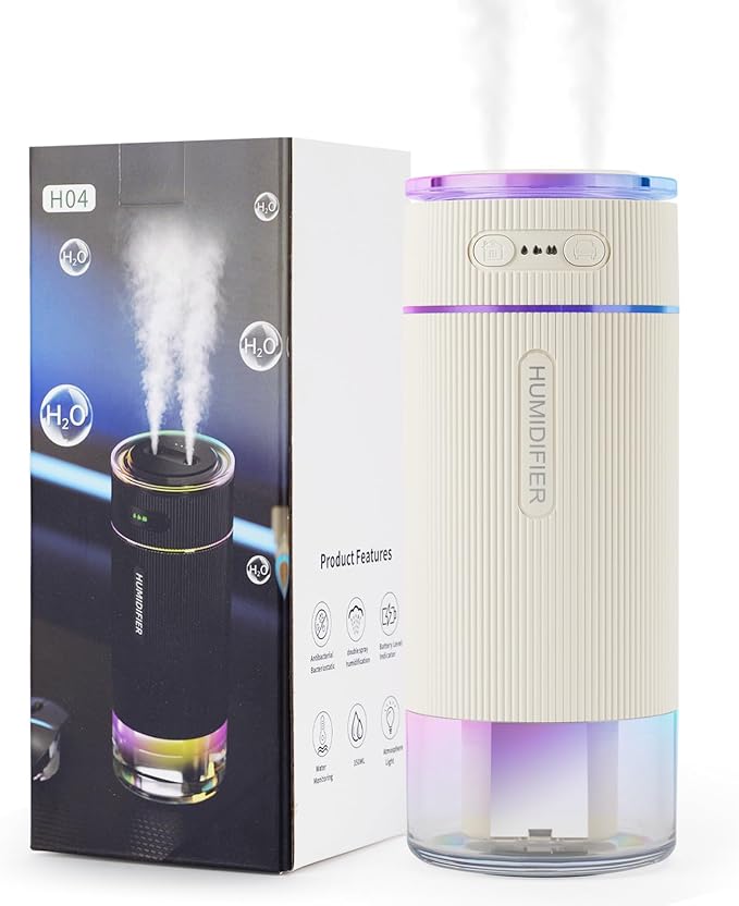 Portable Small Humidifiers for Travel, Mini Air Ultrasonic Humidifier with Filter Element - Cool Mist, Whisper Quiet, Nightlight, 350ML Tank, Car Modes, Perfect for Baby, Bedroom, Hotel, Desk, Plants