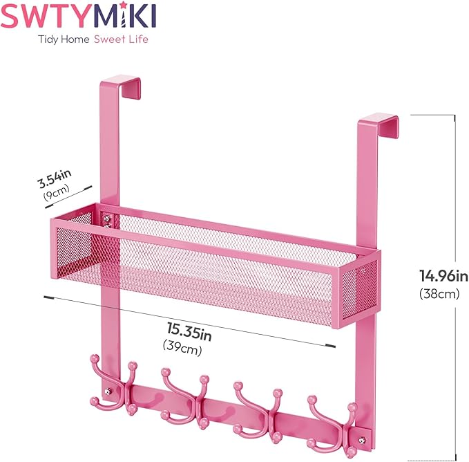 SWTYMIKI Over The Door Hook with 16 Hooks & Mesh Baskets - Heavy Duty Over The Door Organizer Hanger for Towels, Coats, Clothes - Space Saving Hanging Rack for Bathroom, Living Room, Pink
