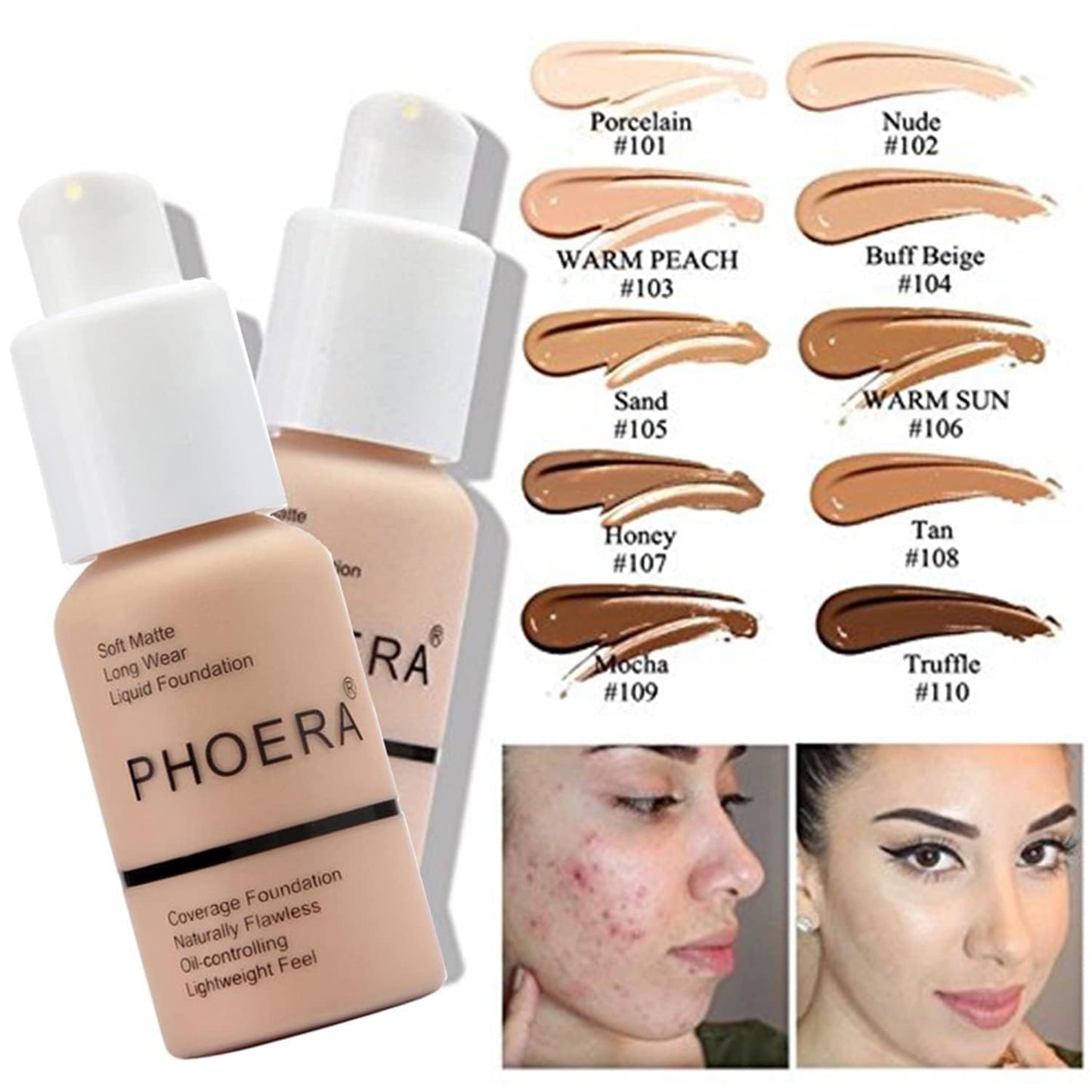 PHOERA Foundation, PHOERA Matte Liquid Foundation,PHOERA Makeup for Women, PHOERA Foundation Full Coverage Concealer, 30ml 24HR Matte Oil Control Concealer (104- Buff Beige*2)