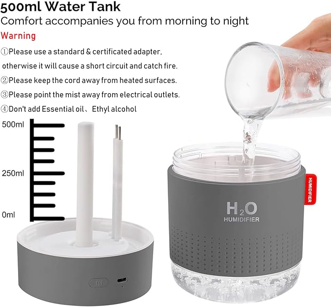 Portable Mini Cool Mist Humidifier, 500ml USB Personal Desktop Humidifier for Baby Bedroom Travel Office Home, Auto Shut-Off, 2 Mist Modes, Super Quiet, Gray