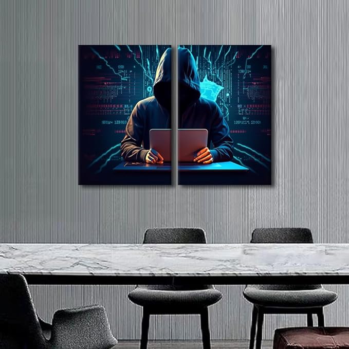 3 Pieces Home Decor Hacker Malware Wall Art Paintings Big Data Pictures Artwork Home Decor for Living Room Giclee Framed Gallery-Wrapped Ready to Hang Posters and Prints, 24" Wx16 H