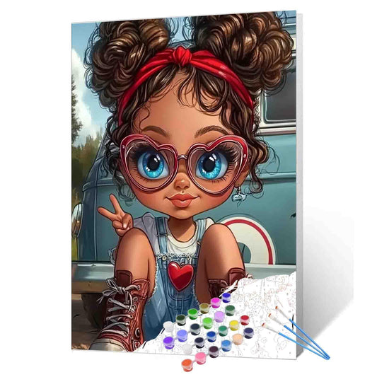 DIY Paint by Numbers for Adults African American Girl Painting Acrylic Paint DIY Digital Oil Painting Cute Little Girl Painting Kits Vintage Car Canvas Art Living Room Decor 16x20 Inch（Without Frame