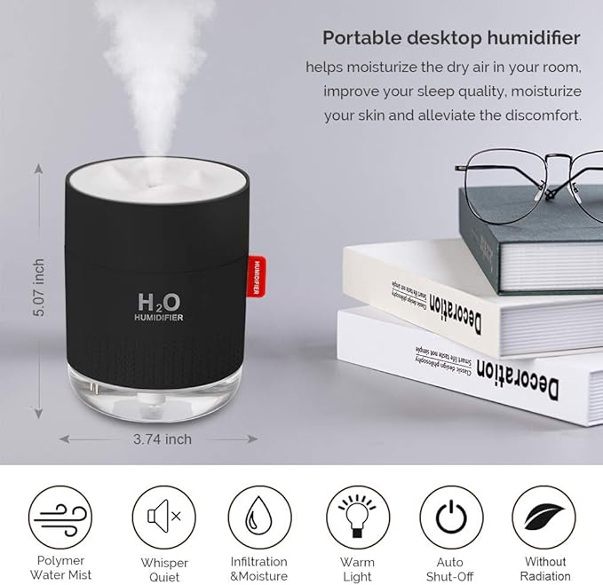 Portable Mini Cool Mist Humidifier, 500ml USB Personal Desktop Humidifier for Baby Bedroom Travel Office Home, Auto Shut-Off, 2 Mist Modes, Super Quiet (Black)