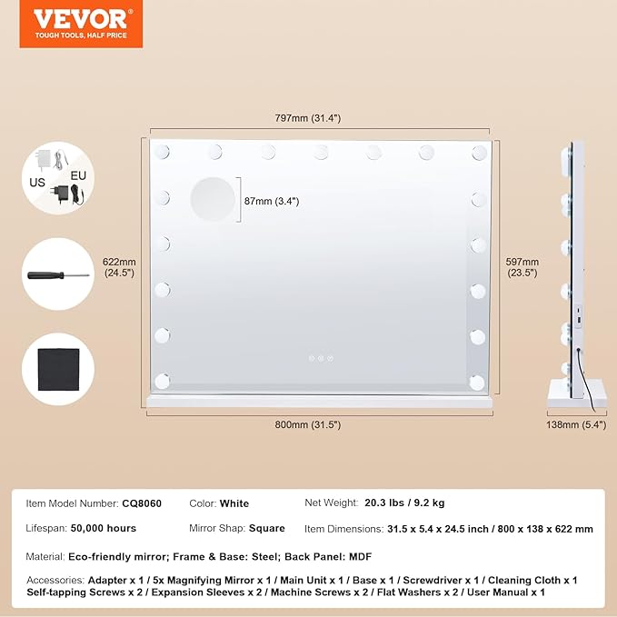 VEVOR Hollywood Vanity Mirror with Lights, 17 Dimmable Bulbs &3 Color Lighting Modes, Makeup Mirror w/Detachable 5X Magnification,USB Port, Smart Touch Control,Desktop Wall-Mount(31.5x23.6in, White)
