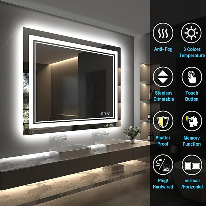 48x40 Light Up Bathroom Mirror, Rectangular LED Bathroom Vanity Mirror for Wall with Backlit & 2 Front Lights Triple Brightness, Dimmable 3 Colors, Anti-Fog and Memory Function for Restroom, Bedroom