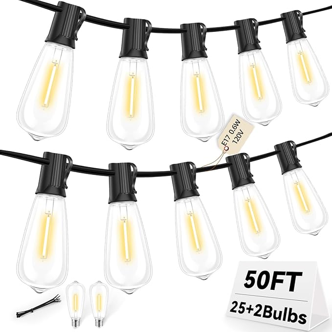 50FT Outdoor LED String Lights,Vintage ST40 LED Bulbs (25+2 Spare),Shatterproof Plastic,E17 Socket,2700K Warm White-Ideal for Patio,Porch,Deck,Gazebo,Bistro,Backyard,Wedding&Party Décor