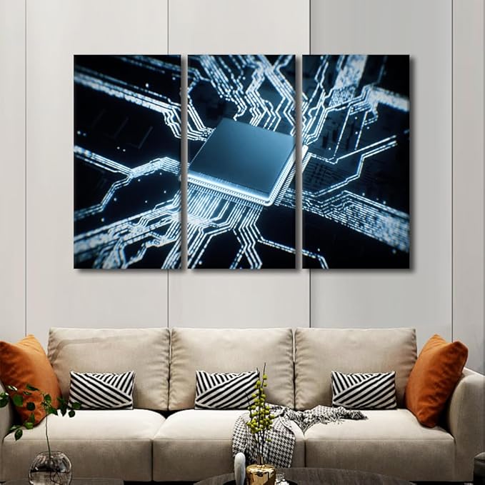 3 Pieces Semiconductor Chip Wall Art Canvas Prints for Wall Decor Chip Artwork for Home Walls Circuit Boards Paintings Modern Office Room Wall Decor Stretched and Framed Ready to Hang, 60"Wx40"H