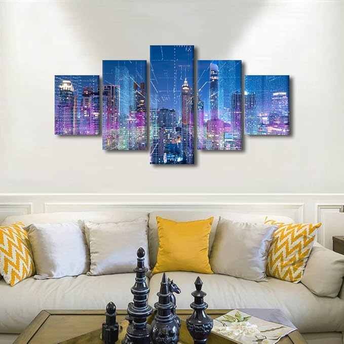 Canvas Wall Art for Office 5 Panel Smart City Poster Modern Home Decoration Artwork Digital Transformation Picture Printing Men Living Room Wall Decor Big Data Worker Bedroom Decorate 60x32 Inch
